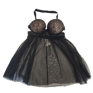 Victoria’s Secret Lingerie Sexy Push Up Babydoll Halter Black Lace Sheer 34C